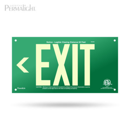 PERMALIGHT® Green Aluminum Exit Sign, Left Arrow, Unframed, 7-inch Letters, UL924-listed