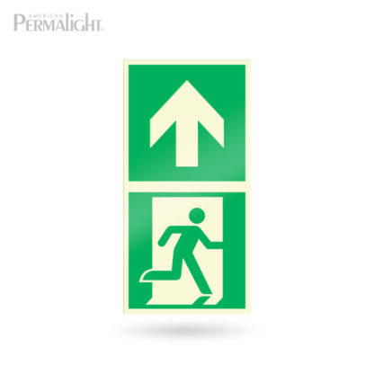 Green Man Running Floor Sign, Photoluminescent Border + Emergency Exit Symbol + Arrow, Rigid Polycarbonate, 2"x4"