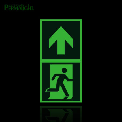 Green Man Running Floor Sign, Photoluminescent Border + Emergency Exit Symbol + Arrow, Glow Demo, 2"x4"
