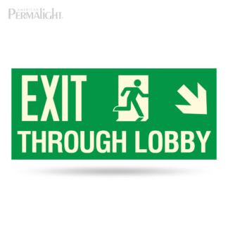 PERMALIGHT® Photoluminescent Combined Signage – Exit Through Lobby + Man Running + Arrow (Down, Right)