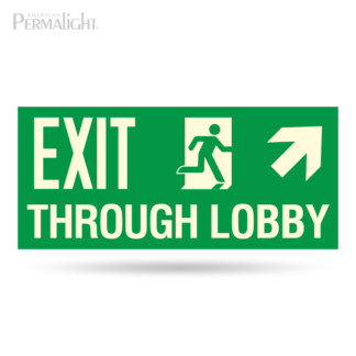 PERMALIGHT® Photoluminescent Combined Signage – Exit Through Lobby + Man Running + Arrow (Up, Right)