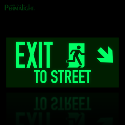 PERMALIGHT® Photoluminescent Combined Signage – Exit to Street + Running Man + Arrow (Down, Right)