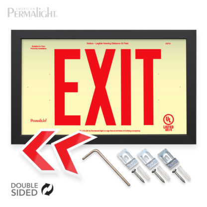 PERMALIGHT® Photoluminescent PVC Plastic Exit Sign, UL924-listed, IBC/IFC Compliant, Cal-Fire Approved, Black-Colored Aluminum Frame, 6" Lettering