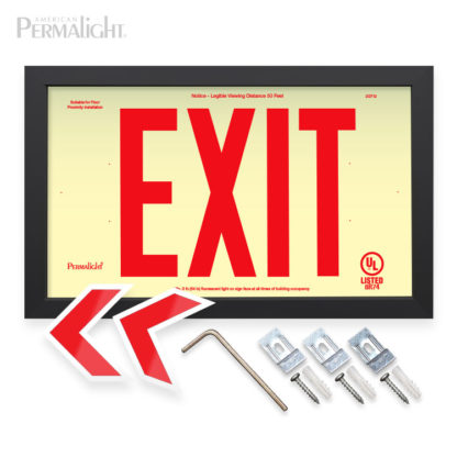 PERMALIGHT® Photoluminescent PVC Plastic Exit Sign, UL924-listed, IBC/IFC Compliant, Cal-Fire Approved, Black-Colored Aluminum Frame, 6" Lettering