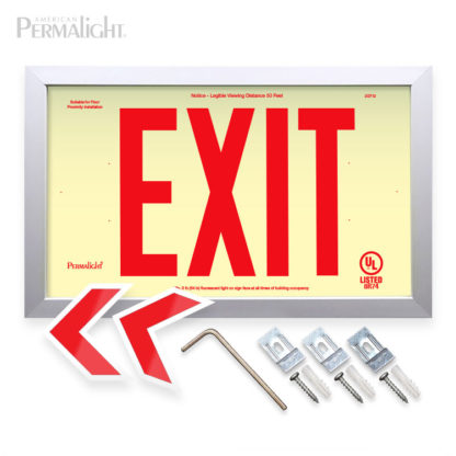 PERMALIGHT® Photoluminescent PVC Plastic Exit Sign, UL924-listed, IBC/IFC Compliant, Cal-Fire Approved, Silver-Colored Aluminum Frame, 6" Lettering