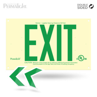 PERMALIGHT® Photoluminescent UL924-listed Rigid PVC Exit Sign, Green Lettering, Double-Sided