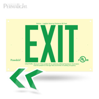 PERMALIGHT® Photoluminescent UL924-listed Rigid PVC Exit Sign, Green Lettering, Single-Sided