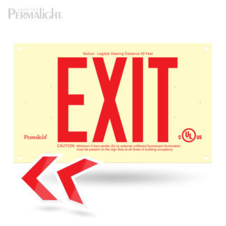 PERMALIGHT® Photoluminescent UL924-listed Rigid PVC Exit Sign, Red Lettering, Single-Sided