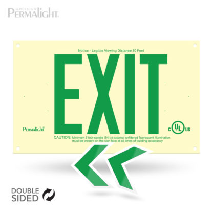 PERMALIGHT® Photoluminescent UL924-listed Rigid PVC Exit Sign, Unframed, Double-Sided, 6" Lettering