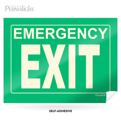 Green Emergency Exit Sign, Photoluminescent Lettering, Flexible, Self-Adhesive, 14"x10"