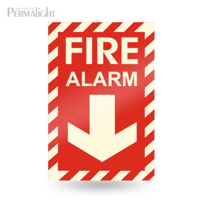 Red Fire Alarm Sign, Photoluminescent Striped Border + Lettering + Arrow, Rigid, Non-Adhesive, 8"x12"