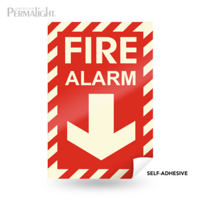 Red Fire Alarm Sign, Photoluminescent Striped Border + Lettering + Arrow, Flexible, Self-Adhesive, 8"x12"
