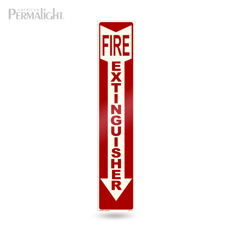 Red Fire Extinguisher Sign, Photoluminescent Border + Arrow, Red Lettering, Rigid, Non-Adhesive, 4"x20"