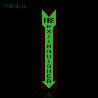 Red Fire Extinguisher Sign, Photoluminescent Border + Arrow, Red Lettering, Self-Adhesive, Glow-Demo, 4"x20"