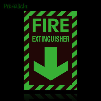 Red Fire Extinguisher Sign, Photoluminescent Striped Border + Lettering + Arrow, Glow Demo, 8"x12"