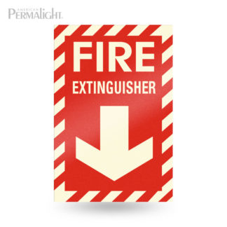 Red Fire Extinguisher Sign, Photoluminescent Striped Border + Lettering + Arrow, Rigid, Non-Adhesive, 8"x12"