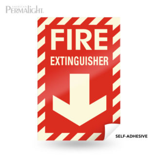 Red Fire Extinguisher Sign, Photoluminescent Striped Border + Lettering + Arrow, Flexible, Self-Adhesive, 8"x12"