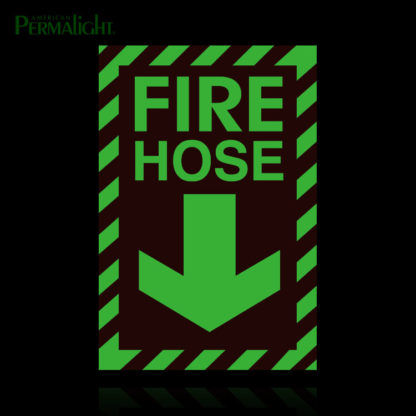 Red Fire Hose Sign, Photoluminescent Striped Border + Lettering + Arrow, Glow Demo, 8"x12"