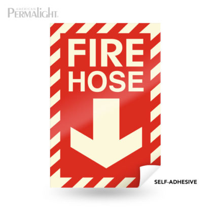 Red Fire Hose Sign, Photoluminescent Striped Border + Lettering + Arrow, Self-Adhesive, 8"x12"