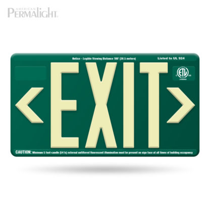 Green ABS Plastic EXIT Sign, Photoluminescent Lettering and Snap-in Directional Chevrons, Outdoor/Wet Location Compliant, UL924-listed