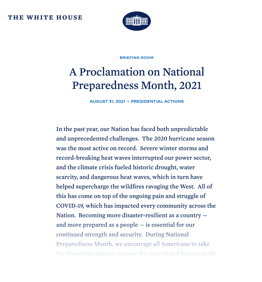 Official White House Declaration from President Joseph R. Biden, Jr.